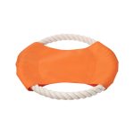 An orange fabric dog toy with a rope handle, featuring a smooth, padded centre.