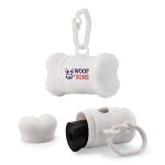 A bone-shaped dog waste bag dispenser in white with a logo and a roll of waste bags included.