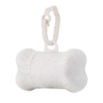 A white bone-shaped dog waste bag dispenser with a clip attachment. It has a speckled texture.