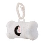 A white bone-shaped dog waste bag dispenser with a black opening and a clip for attachment. Includes a logo.