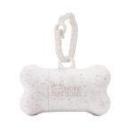 A white bone-shaped dog waste bag dispenser with a clip for attachment, featuring a logo.