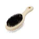 A pet grooming brush with a cream handle and black bristles, featuring metal pins for fur removal.