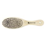 A pet grooming brush with a wooden handle and black bristles, featuring a logo on the handle.