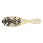 A pet grooming brush with a wooden handle and black bristles, featuring a rounded shape and a small hole for hanging.