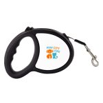 A retractable lead in black with a handle and a clip for attaching to a pet's collar. Features a logo.
