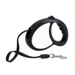 A black retractable dog lead with a handle and a clip for attachment. The lead has a solid casing and a nylon strap.