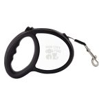 A retractable dog lead in black with a comfortable grip and a metal clip for attachment. It features a logo.