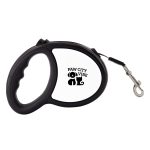 A retractable lead in black with a grip handle. It features a logo on the side.