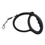 A retractable dog lead in black, featuring a curved handle and metal clip for attachment. It has a logo on the side.