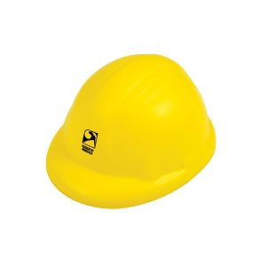 A yellow hard hat stress reliever with a logo, featuring a smooth surface and classic helmet design.