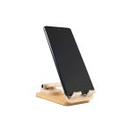 A wooden phone stand in natural tones, supporting a smartphone at an angle. Features a simple, modern design.