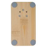 A bamboo phone stand with gray rubber feet and a smooth surface, featuring a minimalist design.