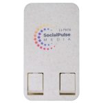 A white phone stand with a speckled texture, featuring a logo on the front and two slots for holding a phone.