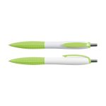 Two plastic pens named Mac Pen, featuring a white barrel with a green textured grip and clip, showcasing a sleek design.