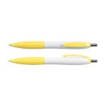 A writing product featuring two plastic pens in white and yellow colors, designed with a textured grip for comfort.