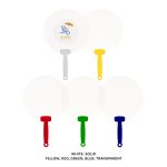 A set of round fans with translucent white surfaces and coloured handles in grey, yellow, red, green, and blue.