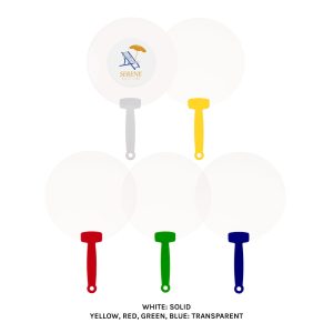 A set of round fans with translucent white surfaces and coloured handles in grey, yellow, red, green, and blue.