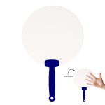 A large, round white fan with a blue handle, featuring a transparent section.