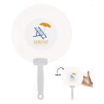 A circular white fan with a grey handle and a logo featuring a beach chair and umbrella.