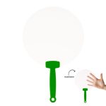 A transparent fan with a green handle, featuring a round shape and a sturdy grip.