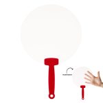 A transparent fan with a red handle. The fan is circular and large, designed for cooling.