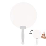 A round, white fan with a grey handle, designed for easy grip. Includes a logo on the handle.