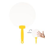 A transparent fan with a yellow handle, showcasing a large round shape suitable for promotional use.