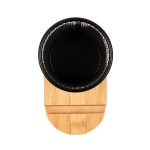 A bamboo pen tidy phone stand featuring a black mesh holder and a rounded bamboo base.