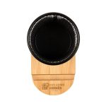 A black wire mesh pen tidy with a bamboo base. The base features a logo.