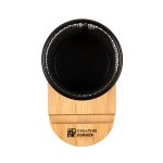 A bamboo pen tidy phone stand with a black mesh holder on top and a wooden base, featuring a logo.