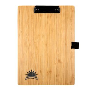 A bamboo A4 clipboard with a black clip and a logo on the bottom corner. The surface has a natural wood finish.