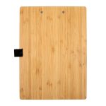 A bamboo A4 clipboard with a smooth surface and a black metal clip at the top.