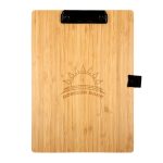 A bamboo A4 clipboard with a black clip, featuring a logo and a natural wood finish.