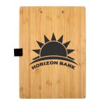 A Bamboo A4 clipboard in natural wood colour with a logo printed in black. It features a metal clip at the side.