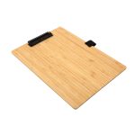 A bamboo A4 clipboard with a black clip, featuring a natural wood finish and a smooth surface.
