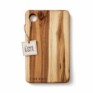 A wooden cheese board with a smooth finish, featuring natural wood grain and a tag for branding.