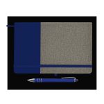 A notebook with a textured beige cover and a navy blue section, accompanied by a blue pen with silver accents.