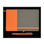 A notebook featuring a gray and orange design alongside a matching orange pen.