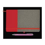 A red and gray notebook with an elastic band and a matching pink pen positioned beside it.