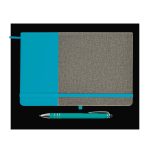 A notebook with a textured gray cover and teal accents, accompanied by a matching teal pen.