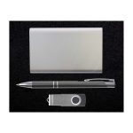 A silver pen, a silver cardholder, and a silver USB drive arranged on a dark background. The set features a logo.