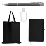 A black tote bag, a black notebook, a clear hand sanitizer bottle, and a silver pen. All items are part of a tradeshow pack.