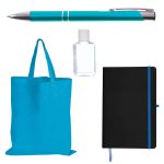 A blue tote bag, a black notebook with a blue ribbon, a turquoise pen, and a small bottle of hand sanitizer.