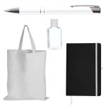 A black notebook, a clear bottle, a white pen, and a white tote bag arranged together. Each item features a logo.
