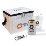 A white cooler bag with a logo, a drink can with a sleeve, and a cup, accompanied by a bottle opener.