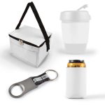 A cooler bag with a handle, a white drink cup, a can insulator, and a bottle opener keychain.