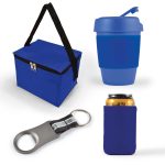 A blue cooler bag, a blue drink cup with a lid, a can cooler, and a bottle opener, all featuring a logo.