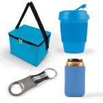 A blue cooler bag, a blue drink bottle, a can cooler, and a bottle opener with a keyring. The items have branding elements.