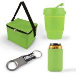 A green cooler bag, a green drink container, a can cooler, and a bottle opener with a keyring feature.