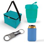 A cooler bag in teal, a teal drink cup with a straw, a silver bottle opener, and a blue can cooler.